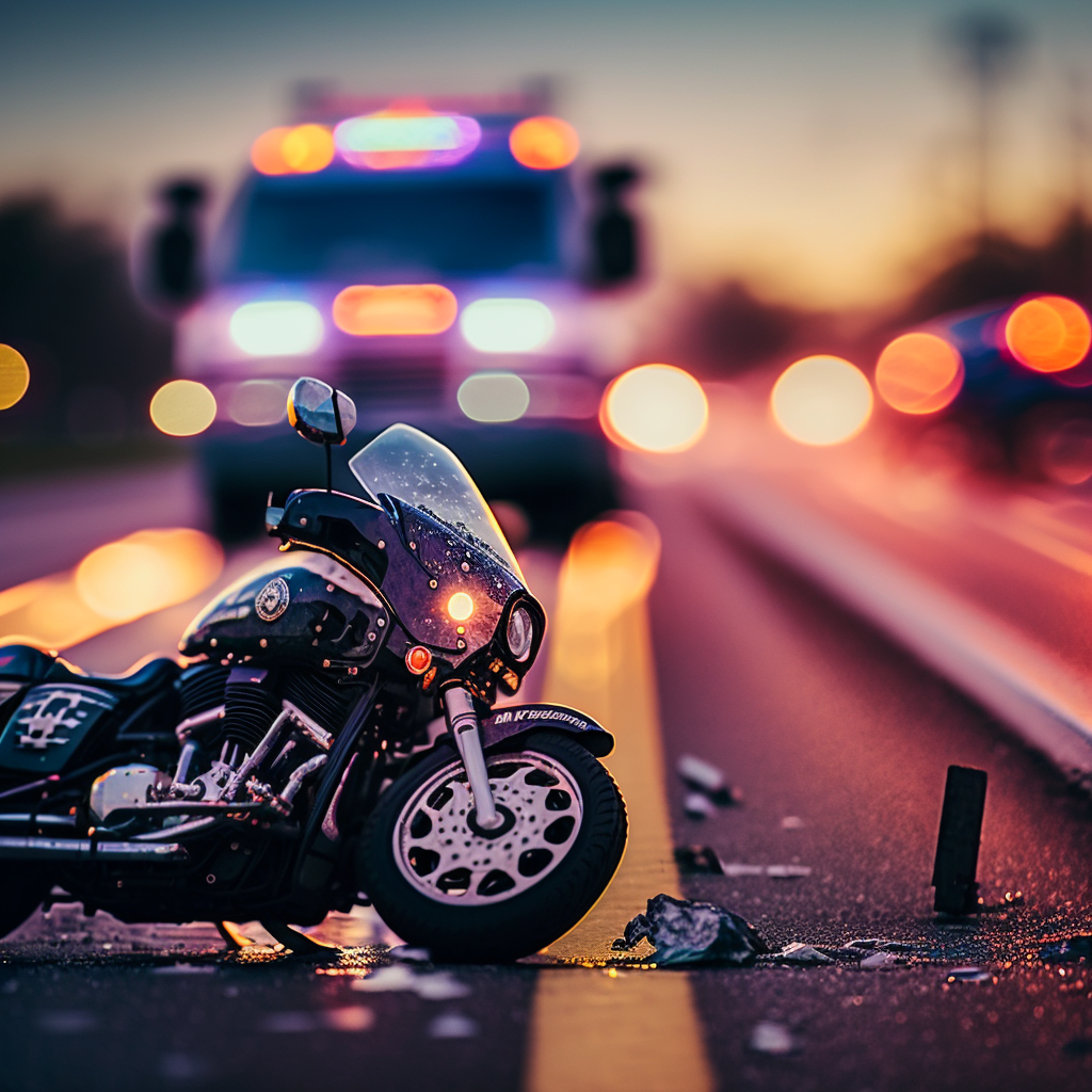 Wrecked Motorcycle On Highway Truck in Background |